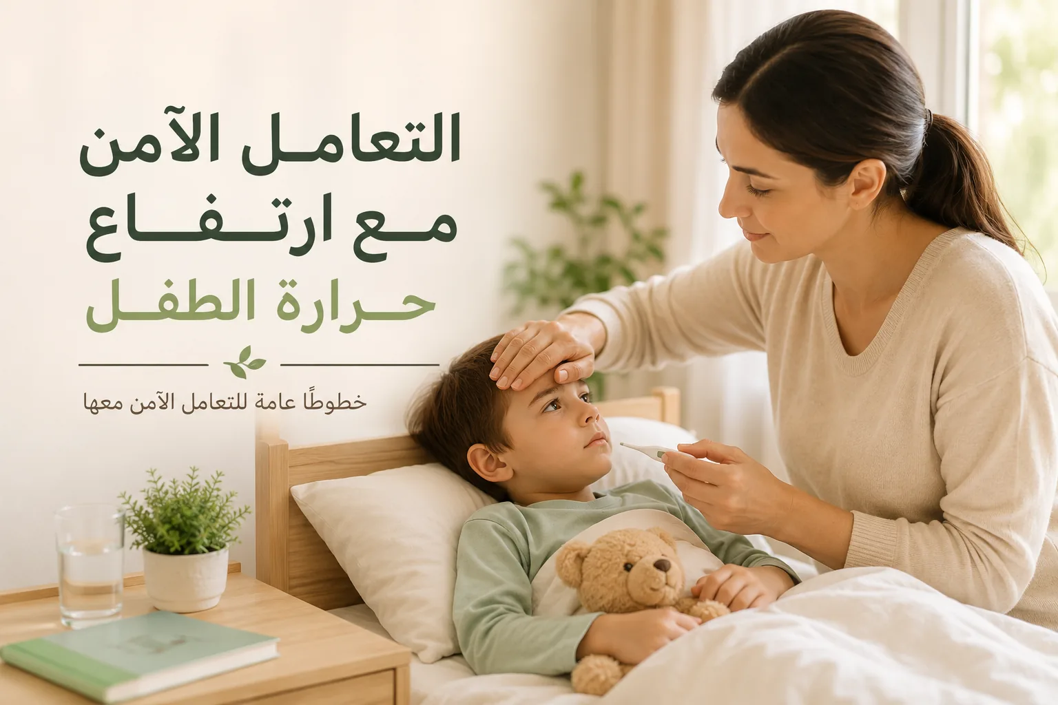 أم تقيس حرارة طفلها باستخدام ميزان حرارة رقمي في أجواء منزلية هادئة