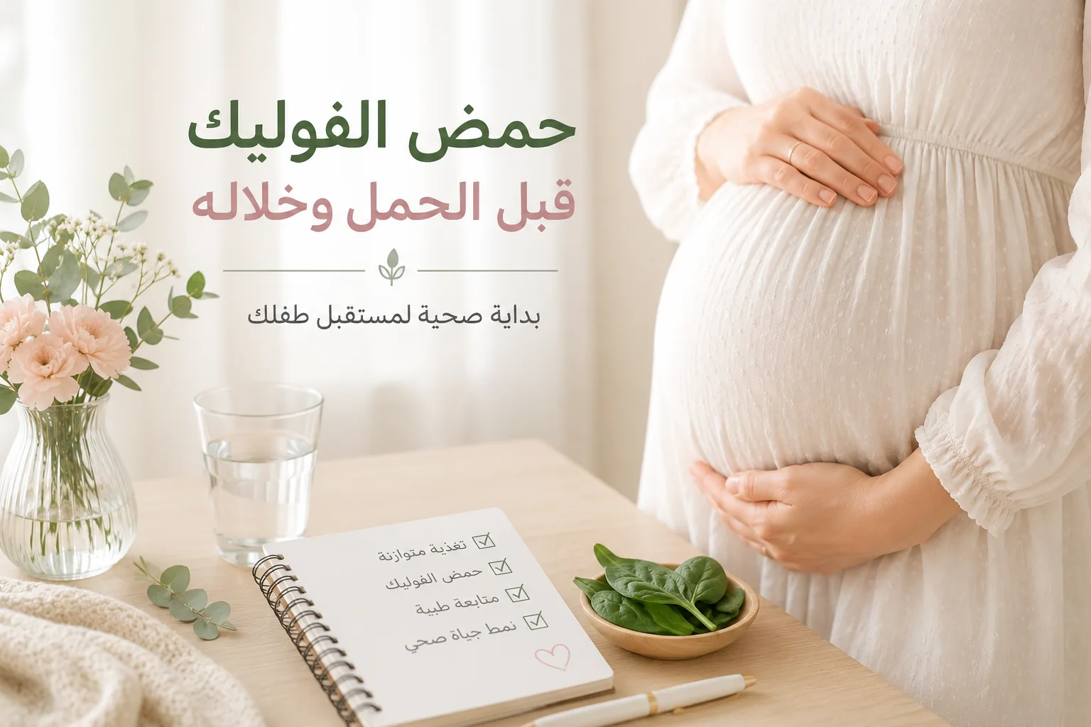 امرأة حامل مع عناصر غذائية مرتبطة بحمض الفوليك في أجواء صحية هادئة
