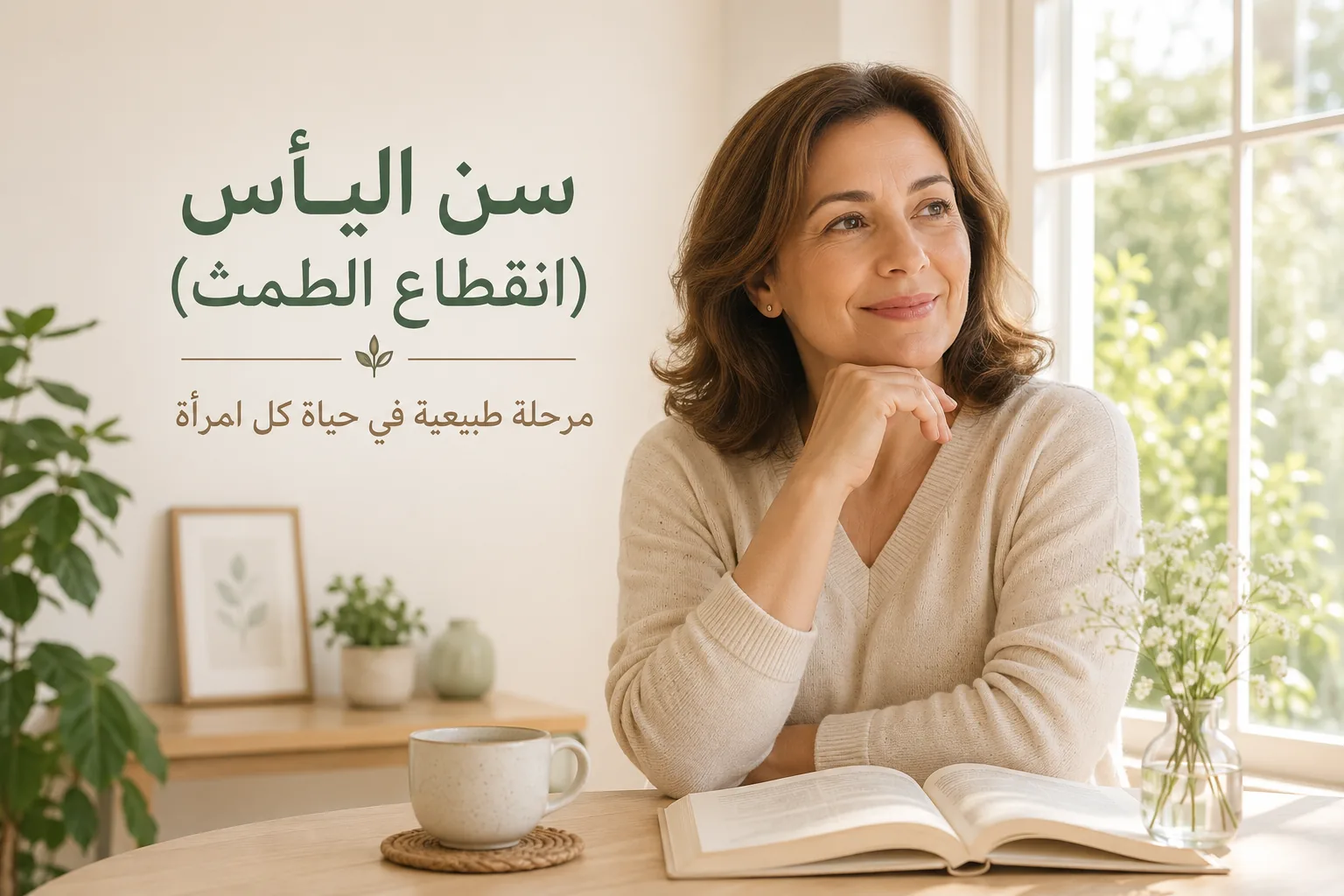 امرأة في منتصف العمر تجلس بجانب نافذة في أجواء هادئة ترمز إلى مرحلة سن اليأس الطبيعية