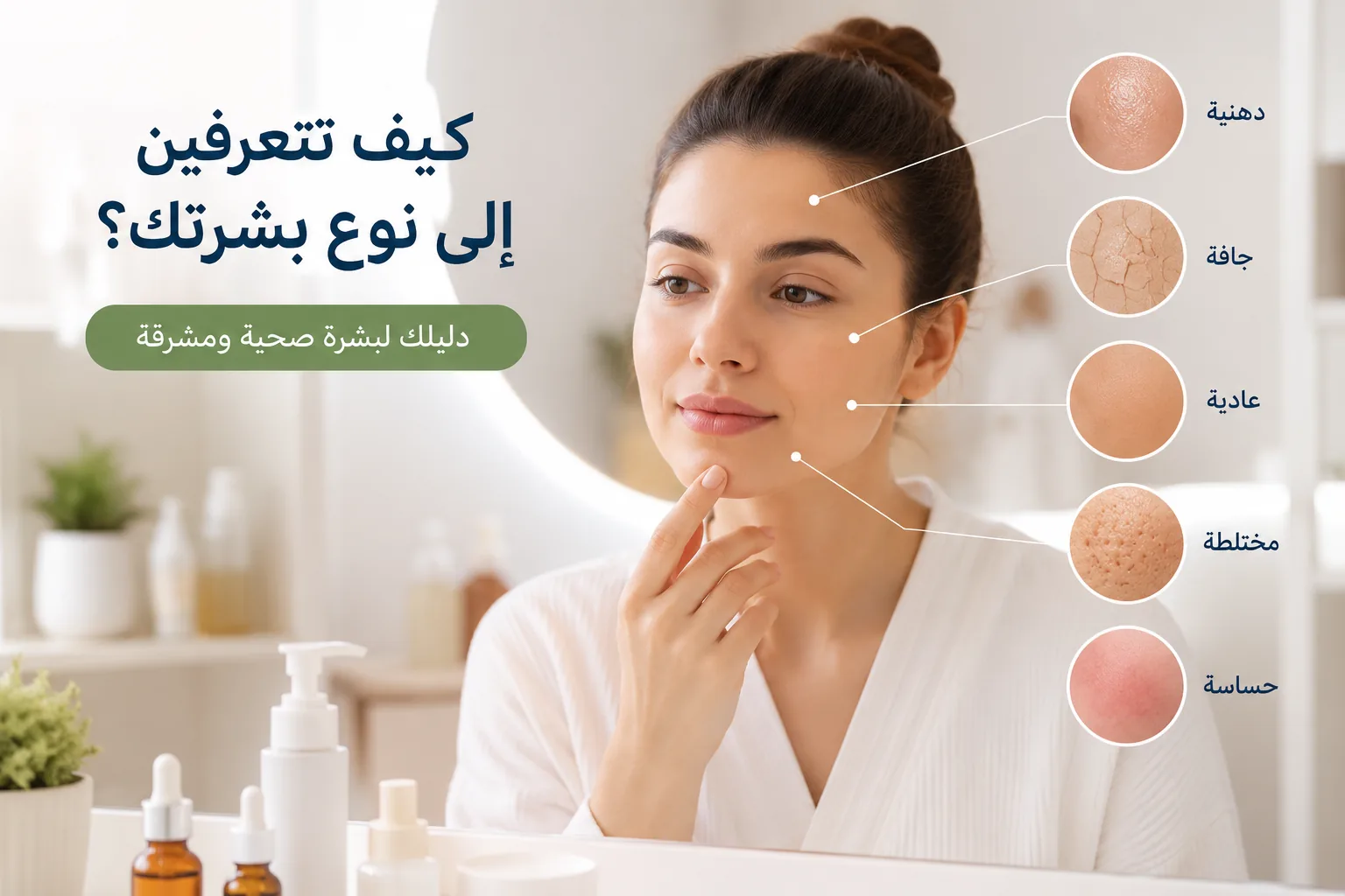 رسم توضيحي يساعد على التعرف إلى أنواع البشرة المختلفة مثل الدهنية والجافة والمختلطة والحساسة