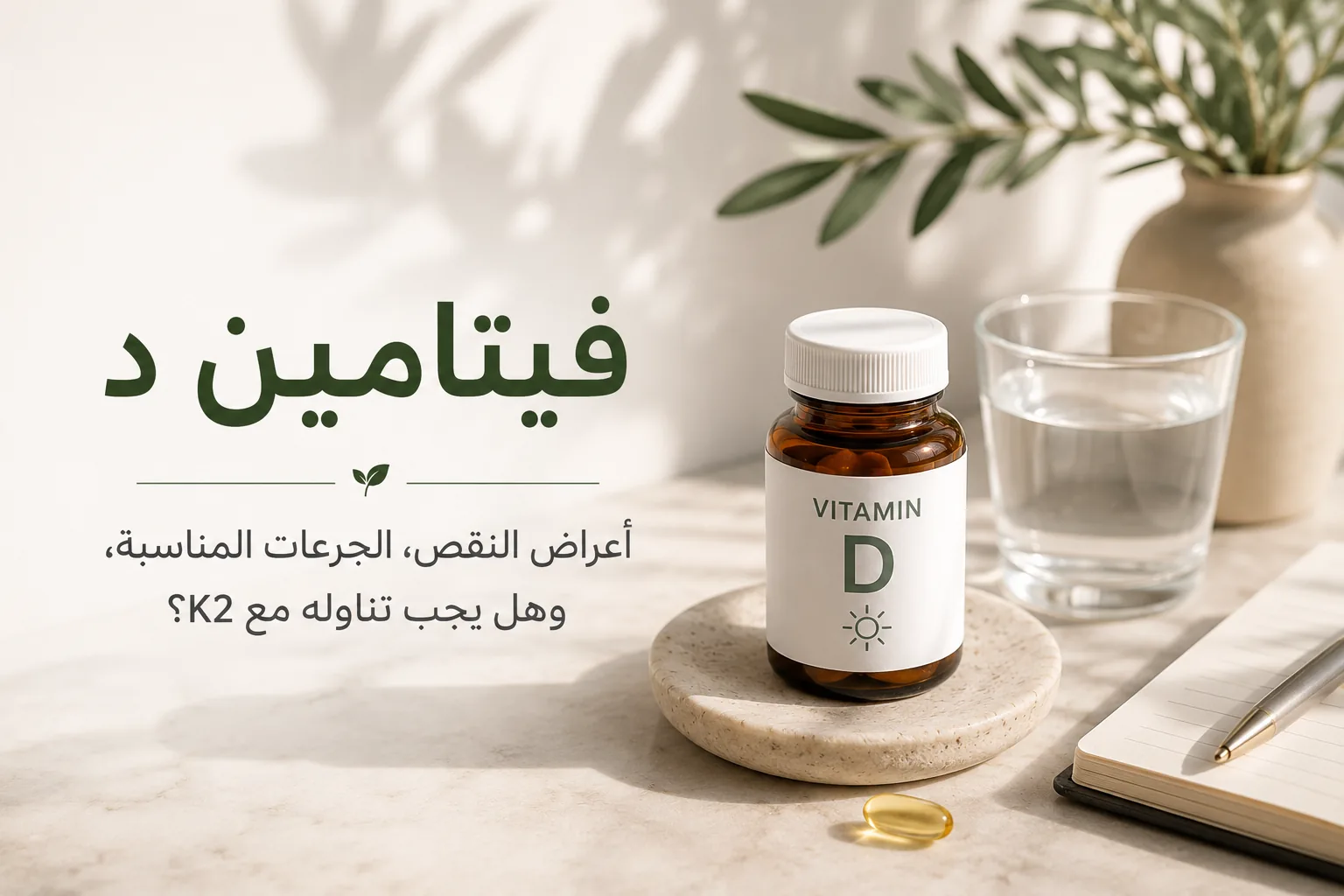 عبوة مكمل فيتامين د مع كبسولة وكوب ماء وغصن زيتون على سطح رخامي فاتح
